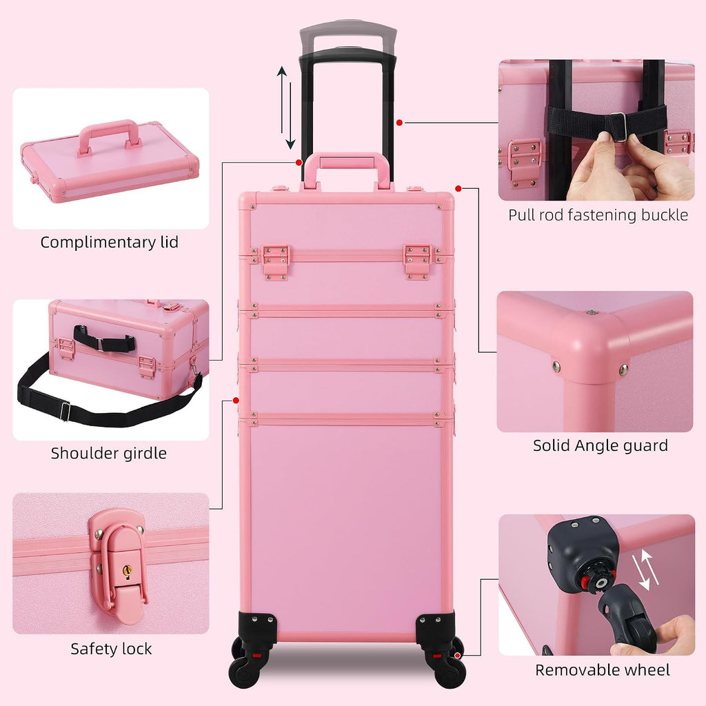 Somduy Makeup Train Case, Rolling Makeup Case with Lid, 5 in 1 Cosmetology Case on Wheels, Christmas Gift, Large Makeup Case Organizers, Profesional Cosmetic Case for Salon Barber, Pink