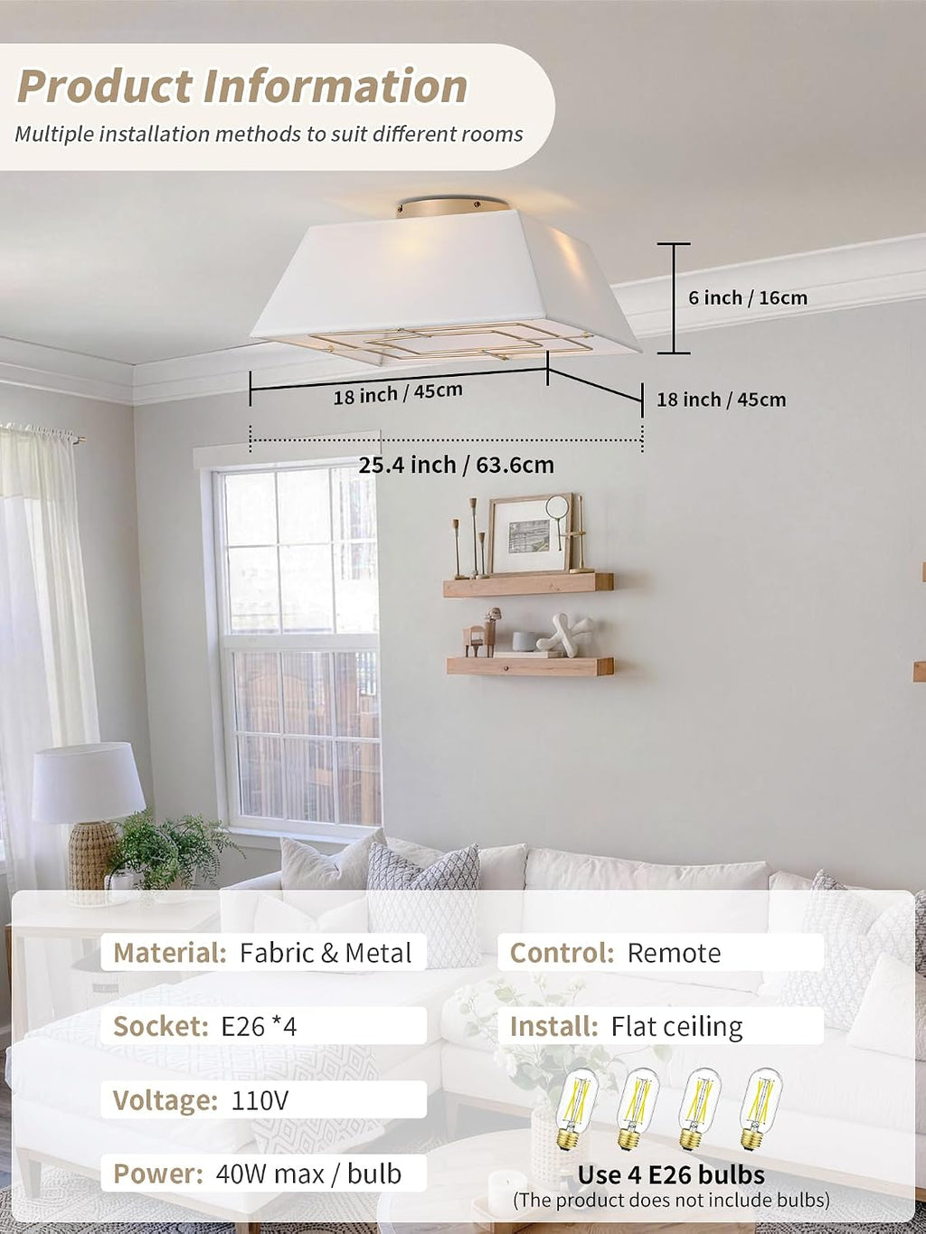 20' Boho Ceiling Fans with Lights Flush Mount, Bladeless Ceiling Fan with Light Remote Control, Square with 6 Speeds for Bedroom, Living Room, Nursery