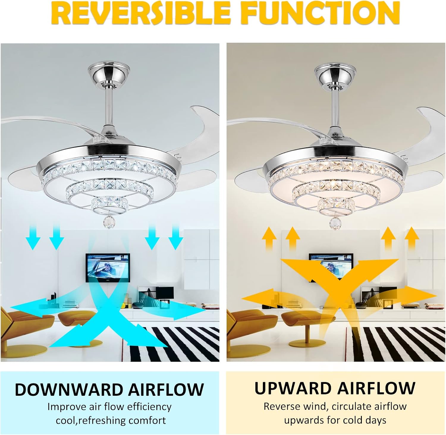 42' Fandelier Invisible Ceiling Fan Chandelier with Light,Modern Crystal Ceiling Fan Light Remote Control 4 Retractable ABS Blades for Bedroom Living Dining Room Decoration