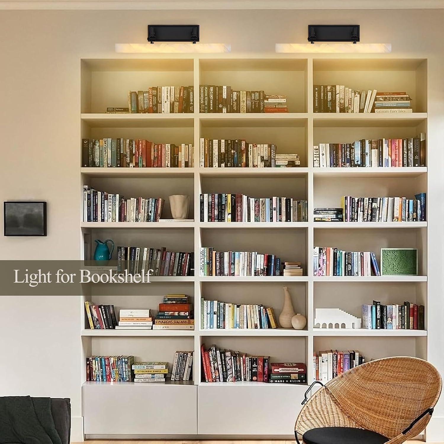 Alabaster Picture Lights for Wall, 20in Spanish Marble Picture Light Hardwired, Black Vanity Lights for Bathroom, Dimmable Modern Wall Lighting Gallery Light for Paintings, Bookshelf, Poster Display