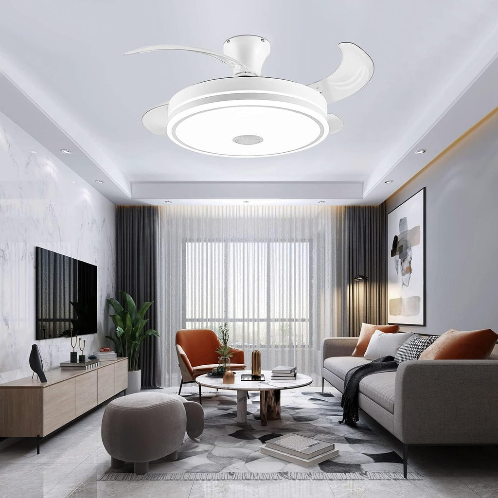 42in retractable ceiling fan with lights remote control,RGB color changing Bluetooth Ceiling Fan With Speaker Low Profile Modern Flush Mount for Bedroom, Living Room fandelier