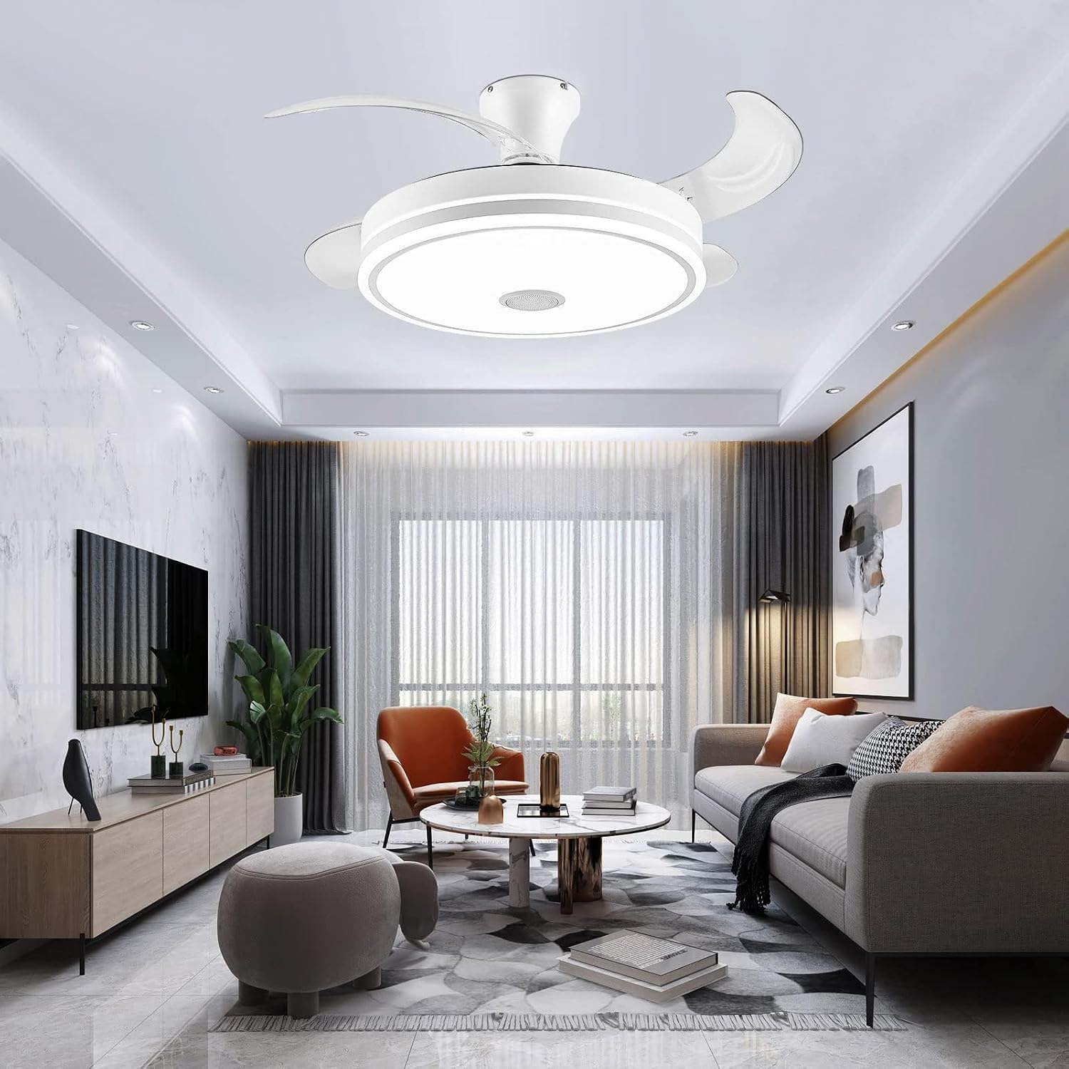 42in retractable ceiling fan with lights remote control,RGB color changing Bluetooth Ceiling Fan With Speaker Low Profile Modern Flush Mount for Bedroom, Living Room fandelier