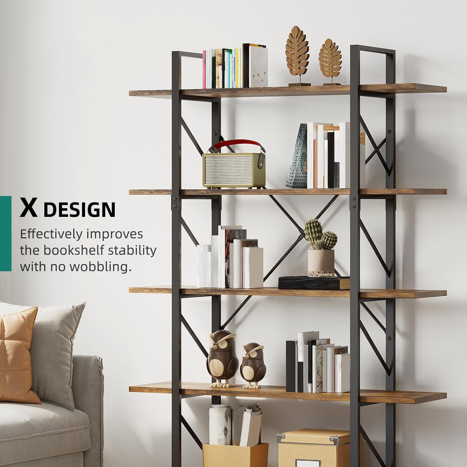 YITAHOME 5 Tier Bookcase, Artsy Modern Bookshelf, Book Rack, Storage Rack Shelves in Living Room/Home/Office, Books Holder Organizer for Books/Movies - Rustic Brown