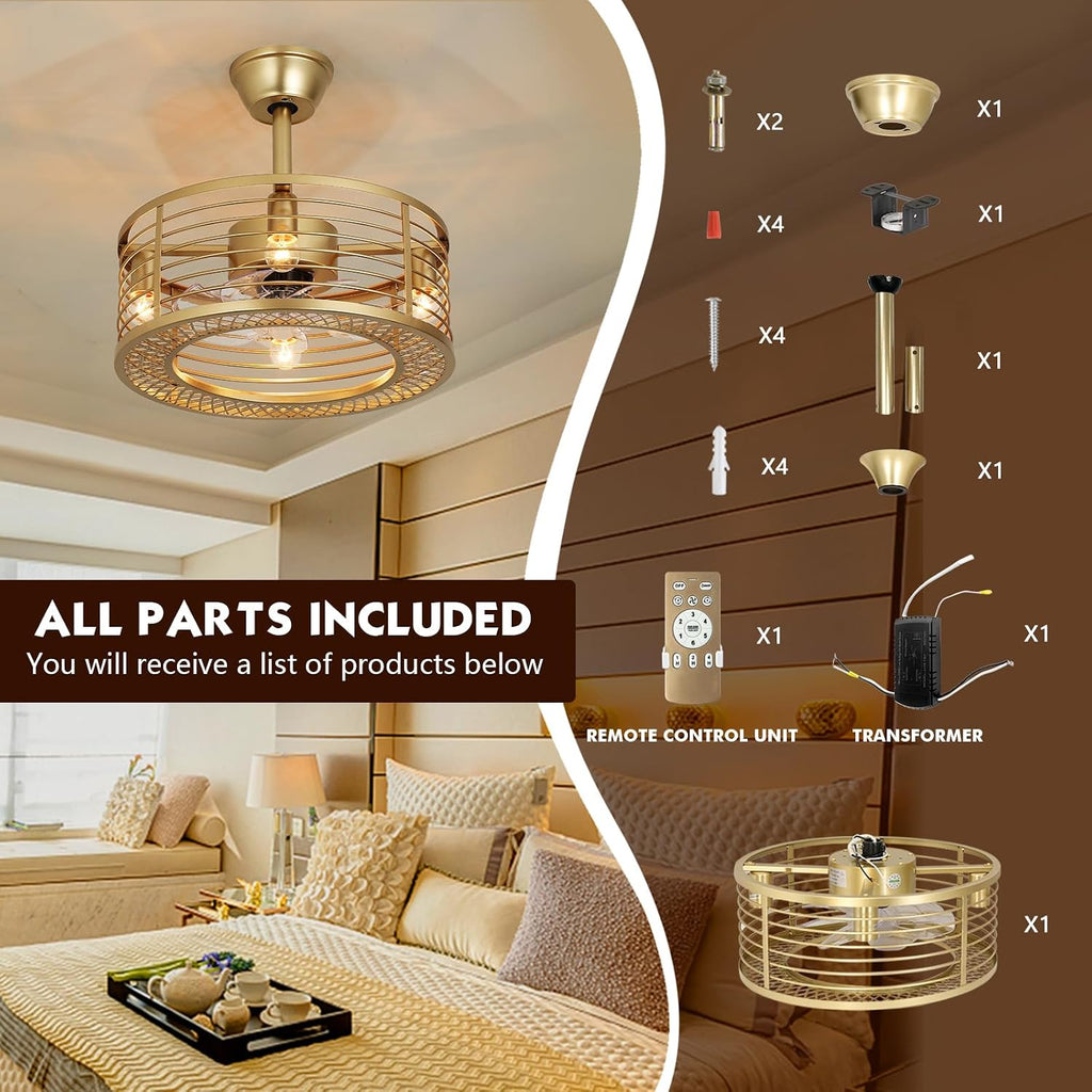 Caged Ceiling Fan with Light, Gold Fandelier Ceiling Fan and Remote Control - Reversible Motor, 6-Speed Wind, 18 Inch for Bedroom and Kitchen