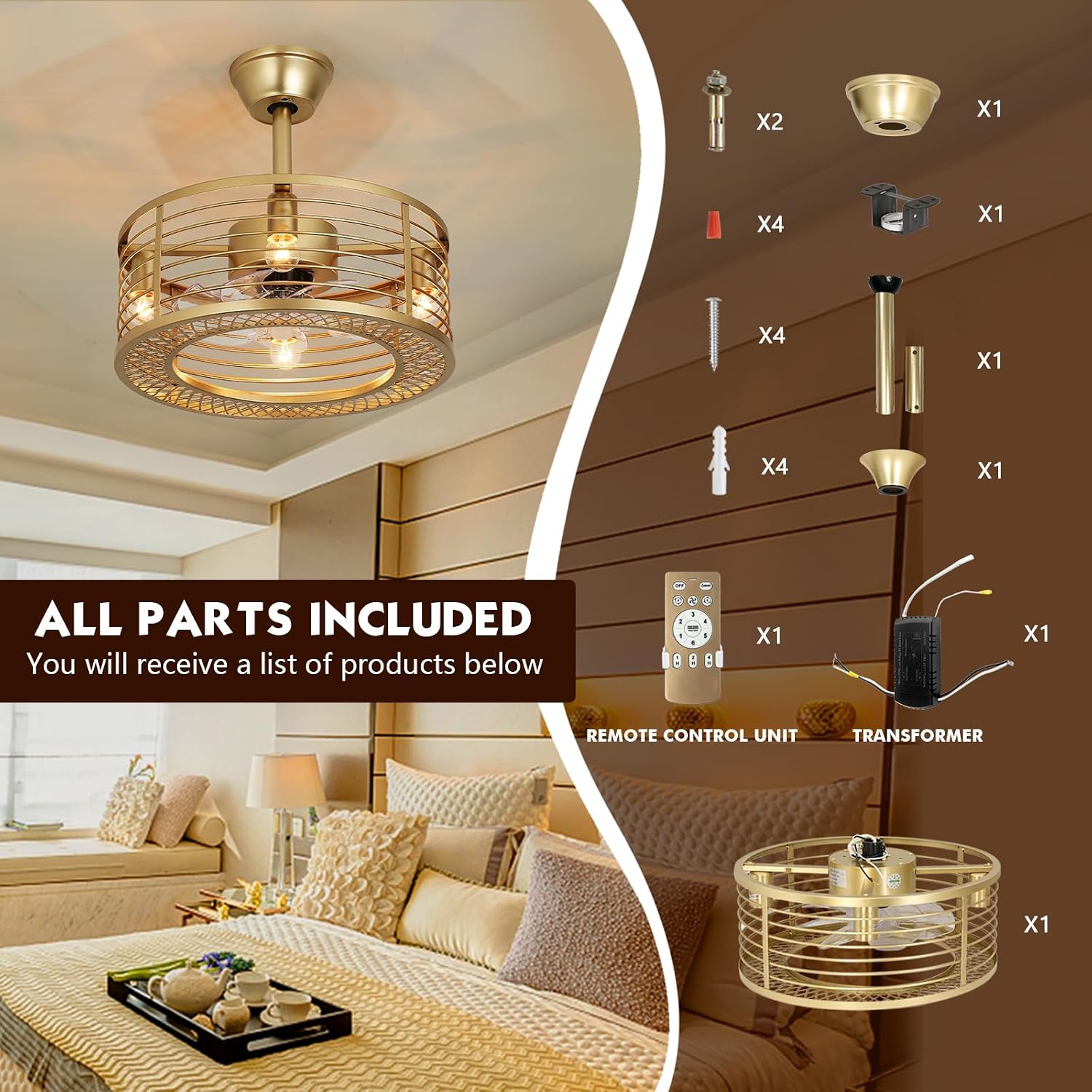 Caged Ceiling Fan with Light, Gold Fandelier Ceiling Fan and Remote Control - Reversible Motor, 6-Speed Wind, 18 Inch for Bedroom and Kitchen