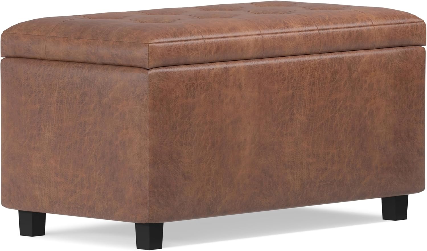 SIMPLIHOME Cosmopolitan Storage Ottoman - 34 inch Wide Upholstered Vegan Leather Rectangle Storage Ottoman Bench in Distressed Saddle Brown, Transitional Tufted Ottoman for Entryway with Lift-Up Lid