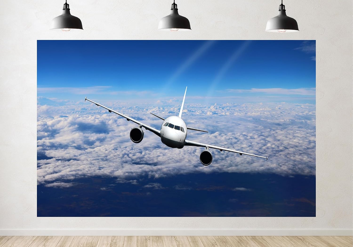 Trykid 20x10ft Commercial Airplane in Flight Backdrop Above Clouds Clear Blue Sky Photography Background Home Wall Decor Travel Theme Party Decoration Photo Booth Prop Fabric