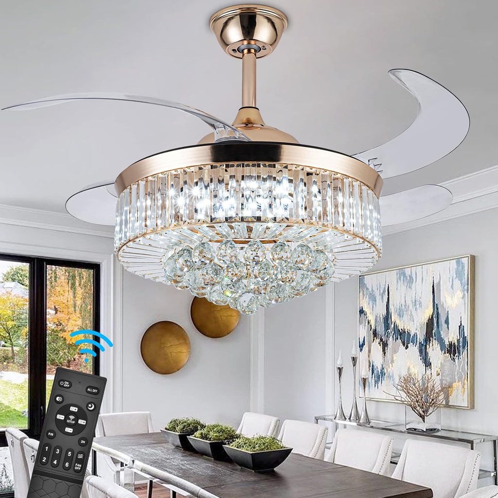 Bavnnro 42'' Fandelier Ceiling Fans with Light, Gold Retractable Crystal Chandelier Fan, Reversible, Remote Control, Dimmable Ceiling Light Kits for Dining Living Room, Bedroom