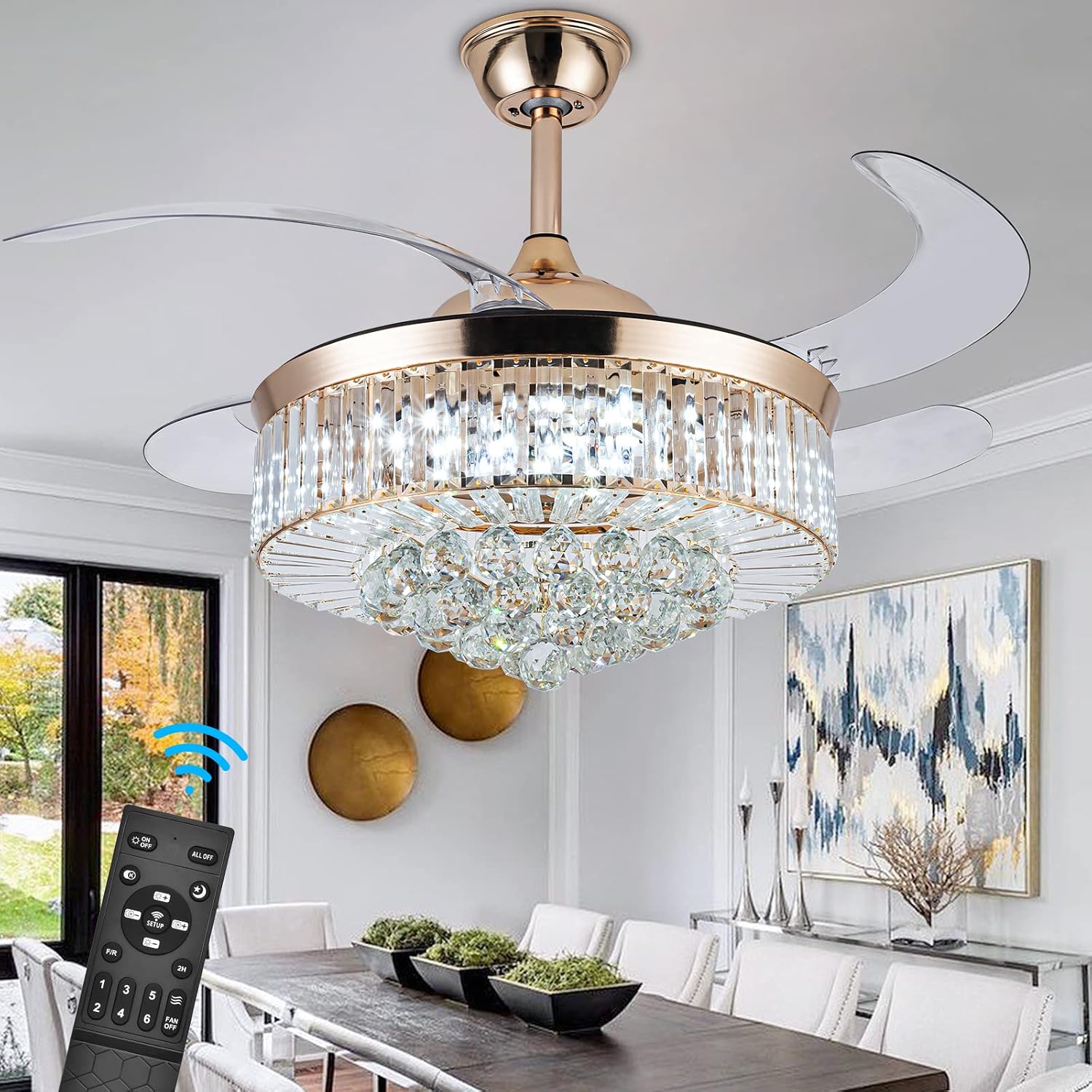 Bavnnro 42'' Fandelier Ceiling Fans with Light, Gold Retractable Crystal Chandelier Fan, Reversible, Remote Control, Dimmable Ceiling Light Kits for Dining Living Room, Bedroom