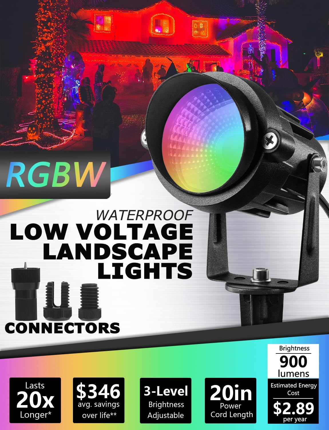 SUNVIE 12W Low Voltage Landscape Lighting RGB Color Changing LED Landscape Lights with Remote Control Waterproof Garden Patio Spotlight Christmas Decoration for Outdoor(10 Pack with Connector)