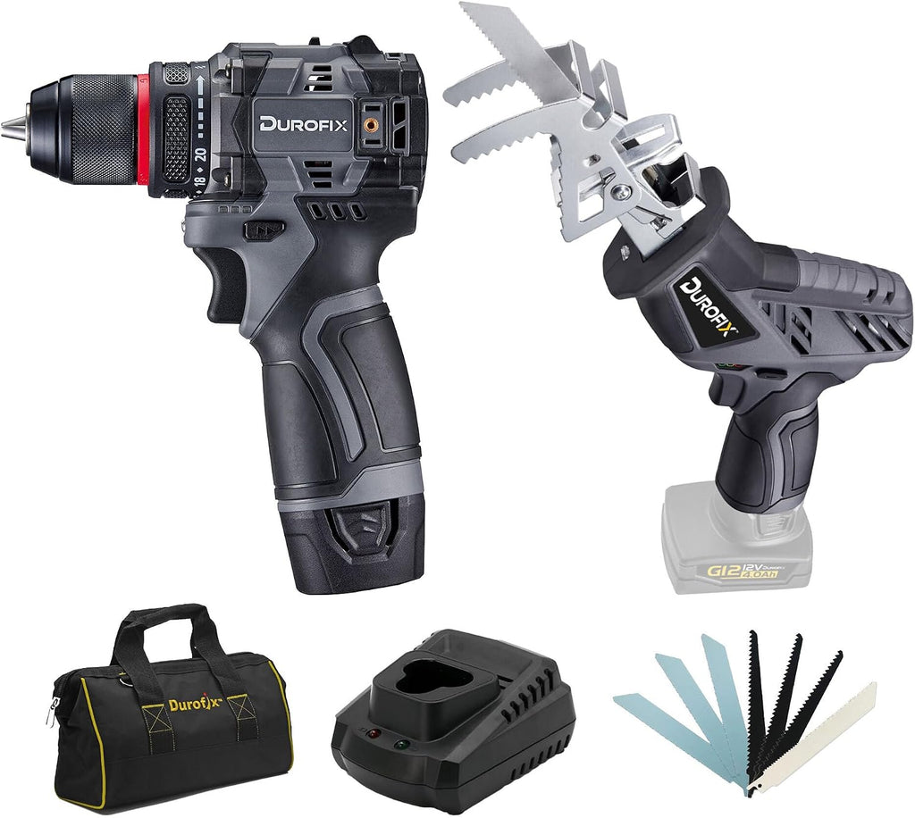 Durofix G12 Series RK12136-2-K4 12V Cordless 3/8' Hammer Drill Power Tool Combo Kit with Reciprocating Saw, 1 Battery & Charger