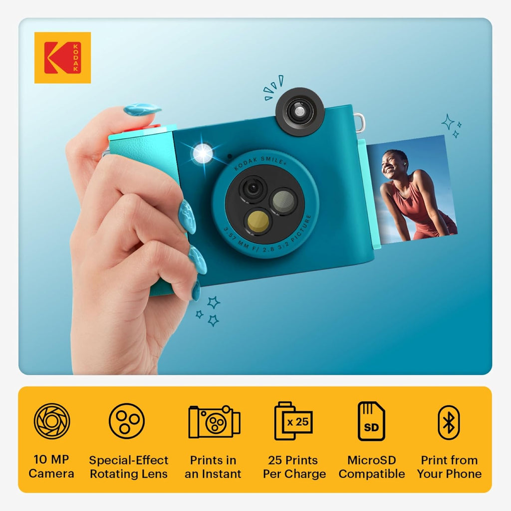 KODAK Smile+ 2-in-1 Digital Instant Print Camera & Wireless Bluetooth Photo Printer Starter Bundle + Deluxe Case + Zink 20pk Sticky-Back Photo Paper - 10MP, Special-Effect Rotating Lens - Blue
