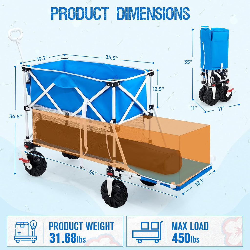 Old Bahama Bay 400L Collapsible Double Decker Beach Wagon with Brakes, Folding Beach Cart with 54' Extra Long Decker, 450LBS Heavy Duty Wagon Chart with All-Terrain Big Wheels for Sand Camping Garden