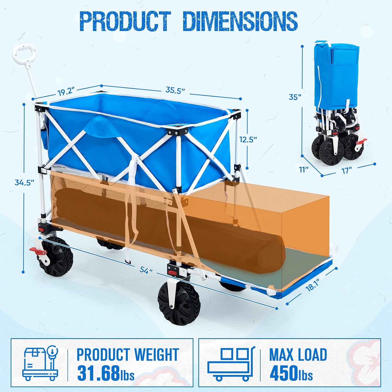 Old Bahama Bay 400L Collapsible Double Decker Beach Wagon with Brakes, Folding Beach Cart with 54' Extra Long Decker, 450LBS Heavy Duty Wagon Chart with All-Terrain Big Wheels for Sand Camping Garden