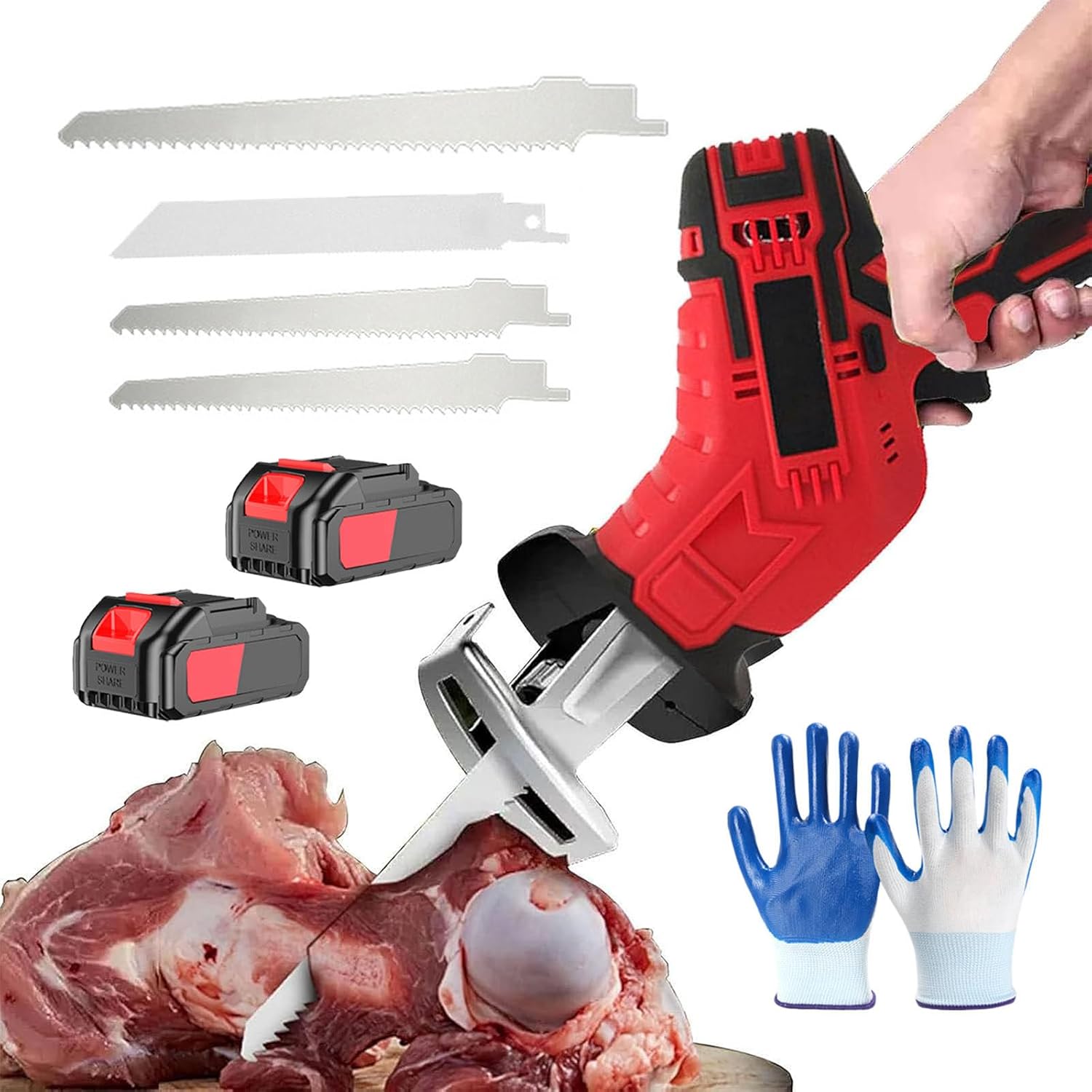 Cordless Reciprocating Saw, Bone Cutting Machine 21v with 2 Batteries, Handheld Meat Cutting Saw, with 4 Saw Blades & 12 Gloves, for Bone & Wood Cutting