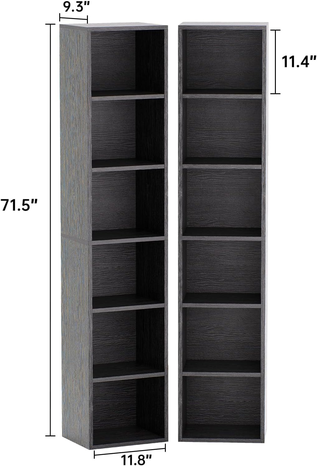 71.5' Tall Bookshelves and Bookcases Set of 2, 6 Tier Display Storage Shelves Home Decor Furniture for Home Office, Living Room, Bed Room (Black, 11.8' Narrow)