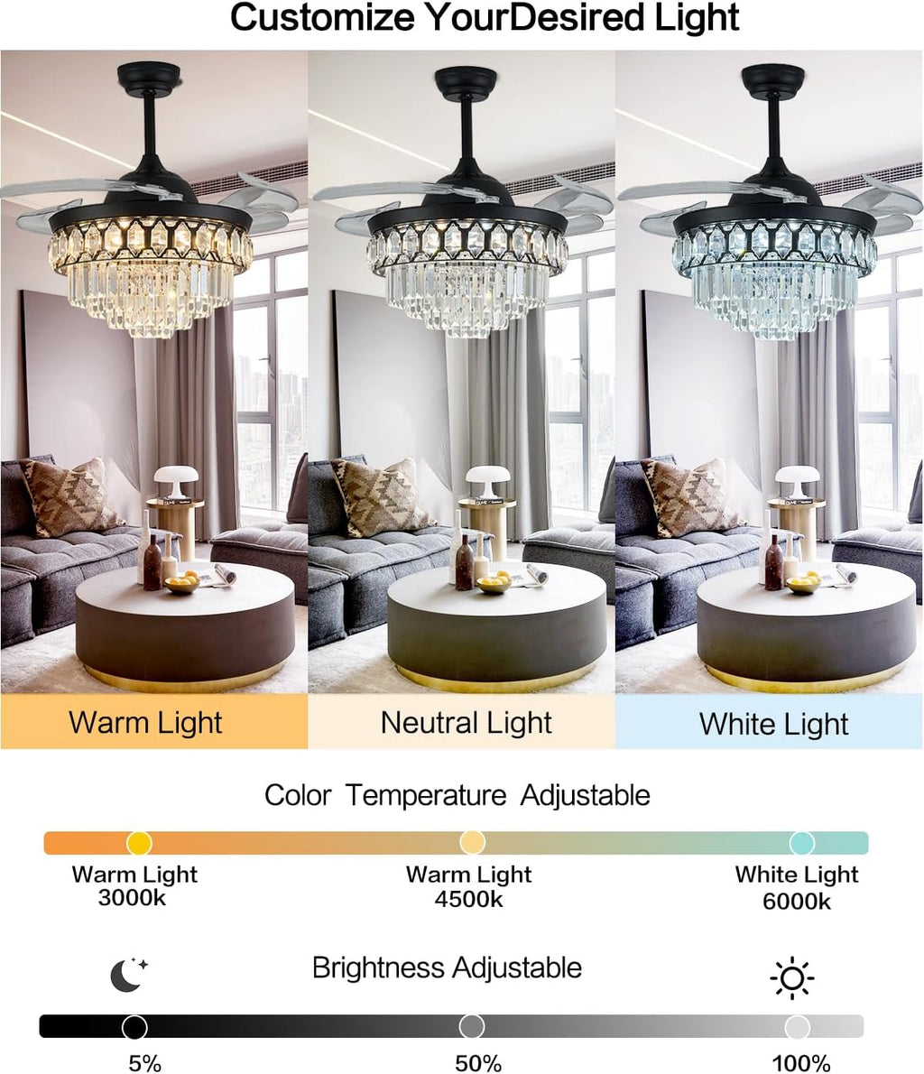 42' Dimmable Black Fandelier Crystal LED Ceiling Fans with Lights and Remote Modern Retractable Blade Ceiling Lighting Fan for Bedroom Dinning Room Living Room