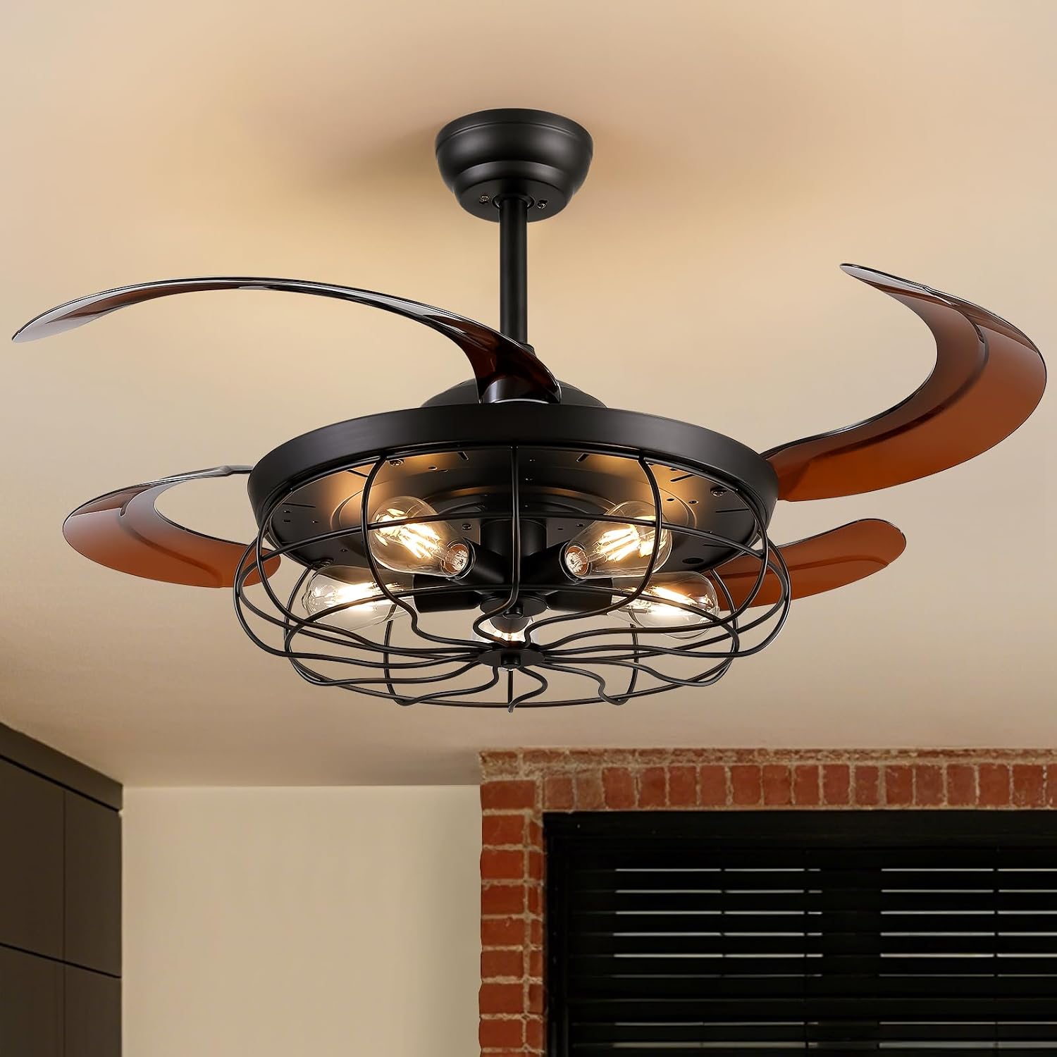 48' Industrial Caged Ceiling Fan with Light and Remote, Vintage Retractable Blades Ceiling Fan with Lights, Farmhouse Black Fandelier for Bedroom Living Room Dining Room