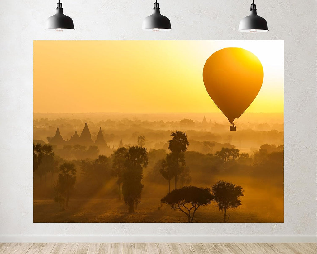 Trykid 20x10ft Bagan Hot Air Balloon Ancient Pagodas Backdrop Golden Sunrise Misty Plains Photography Background Travel Adventure Party Decoration Tapestry Photo Booth Prop Fabric