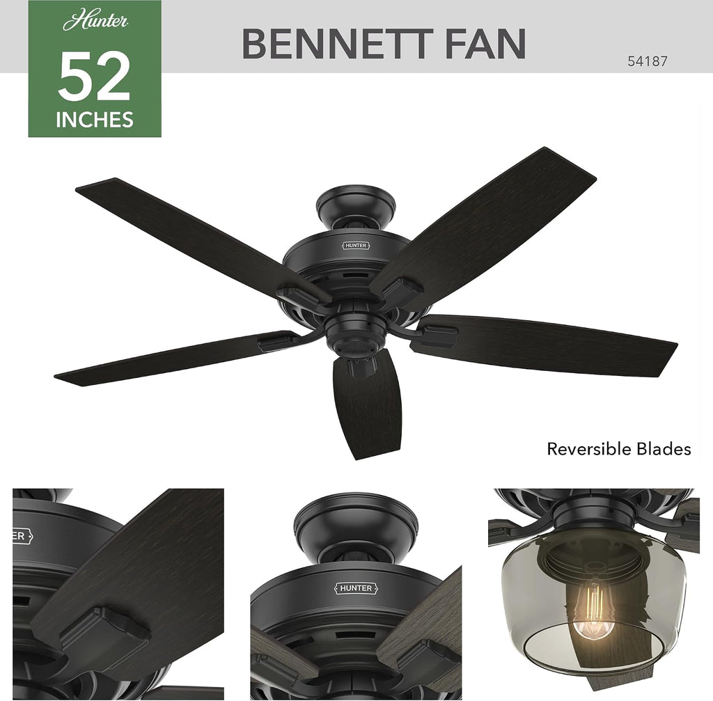 Hunter 52 inch Indoor Ceiling Fan with LED Light and Remote Control - Standard Mount Black Ceiling Fan, 5 Blades, For Bedroom, Living Room, or Kitchen, Quiet - Bennett 54187, Matte Black