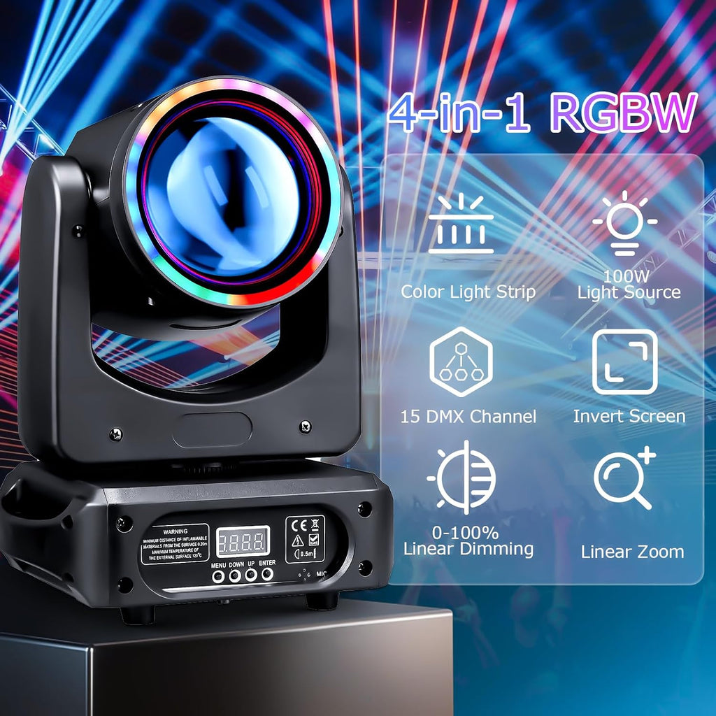 Moving Head DJ Light 100W LED Stage Lights Beam Halo DJ Lights RGBW 4-in-1 Colors Spotlights Strobe DMX512 Sound Activated for Party Wedding Live Show Parties DJ Equipment Lighting