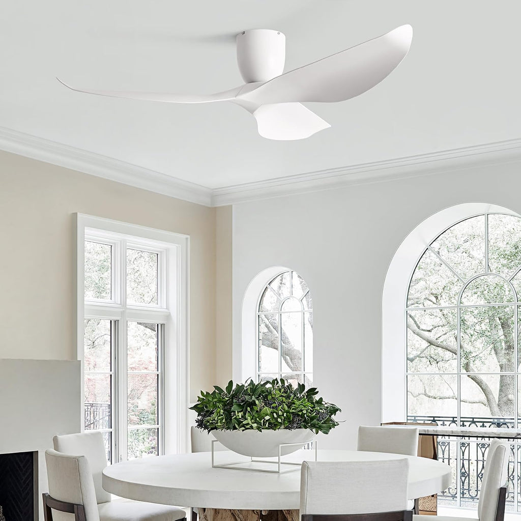 60' White Flush Mount Ceiling Fan with Remote, No Light | Modern Low-Profile, Heat Resistant ABS Blades, 6-Speed Reversible Quiet DC Motor for Balcony, Living Room, Bedroom