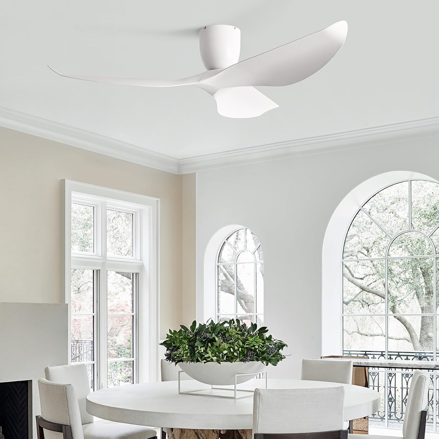 60' White Flush Mount Ceiling Fan with Remote, No Light | Modern Low-Profile, Heat Resistant ABS Blades, 6-Speed Reversible Quiet DC Motor for Balcony, Living Room, Bedroom