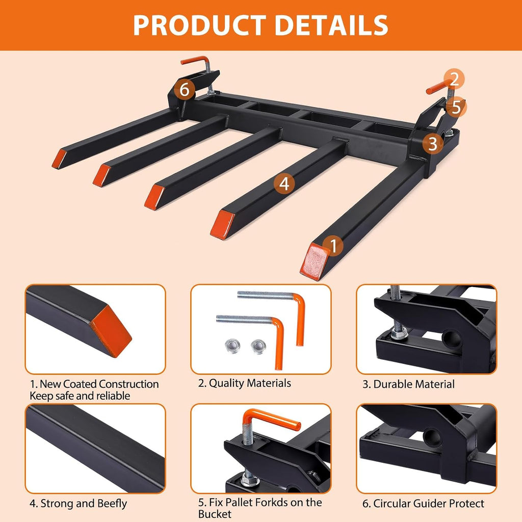 Hipicute Clamp On Debris Forks to 68', Clamp-On Pallet Fork 6000 Lbs Capacity Load Fit for Loader Bucket Skidsteer Tractor