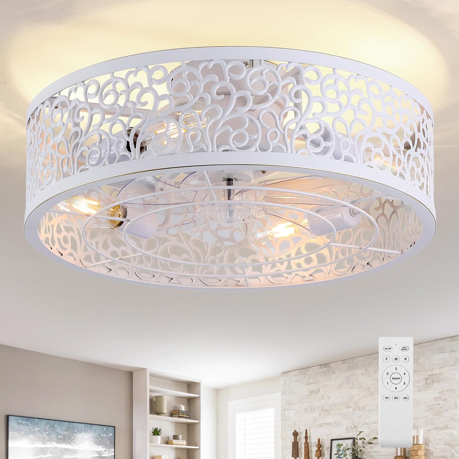 COCOSTAR Small Farmhouse Ceiling Fan with Light and Remote//APP, 20in White Caged Fandelier with Lights for Kitchen, Bedroom（4 Speed, Timing）