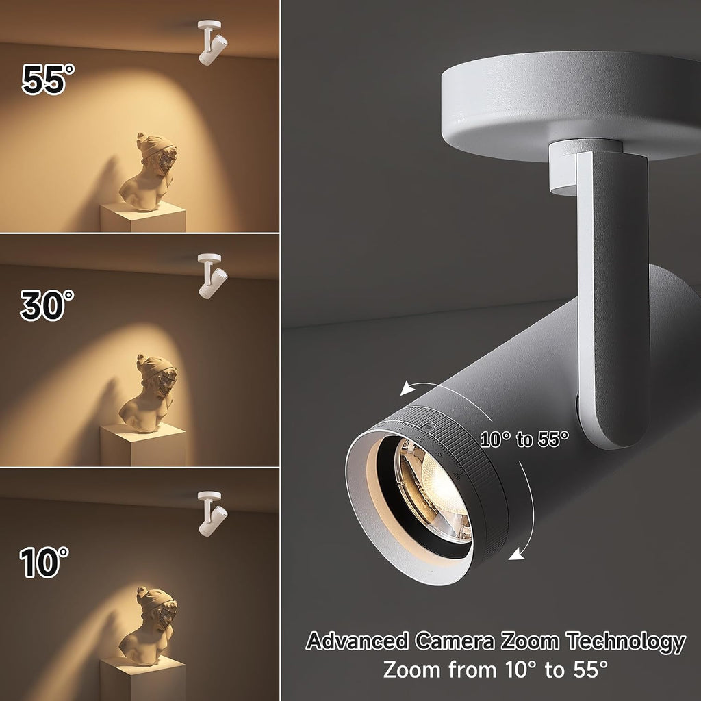 12W LED Dimmable Zoomable Ceiling Spotlight Indoor – Adjustable Surface Mount Accent Light for Corridor, Living Room, Plants & Artwork | Warm White 3000K CRI 97, Flicker-Free, White 2 Packs