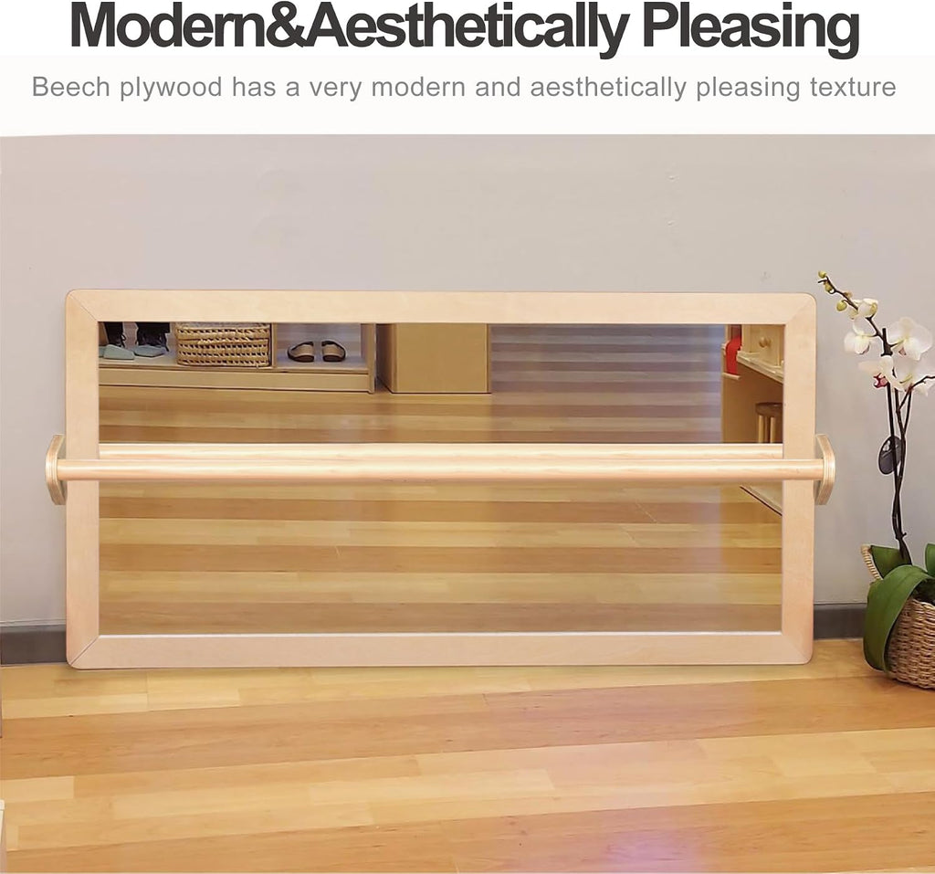 3-Position Montessori Wood Frame Non-Shatter Safety Pull Up Bar Baby Big Mirror Set, Infant Coordination Mirror, Kids Classroom Furniture for Daycare, Homeschool or Preschool