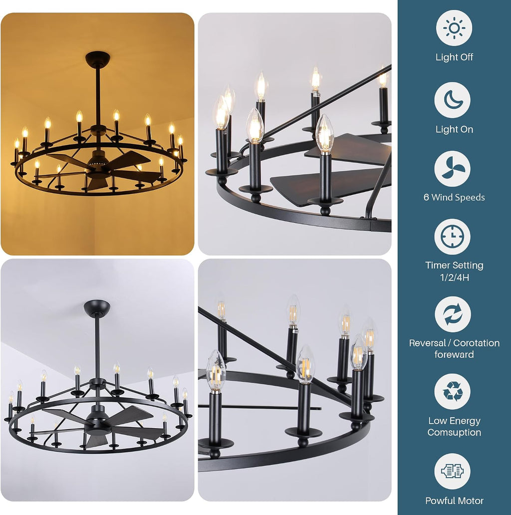 COCOSTAR 44' Black Wagon Wheel Ceiling Fan with 16-Lights, Adjustable Height Farmhouse Fandelier Chandelier for Living Room, E12 Bulb Compatible, Perfect for Summer Cooling and Winter Air Circulation
