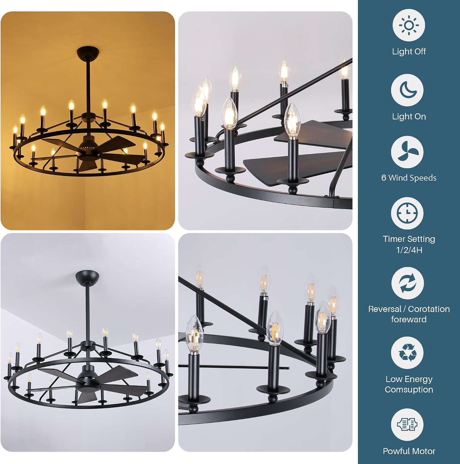 COCOSTAR 44' Black Wagon Wheel Ceiling Fan with 16-Lights, Adjustable Height Farmhouse Fandelier Chandelier for Living Room, E12 Bulb Compatible, Perfect for Summer Cooling and Winter Air Circulation