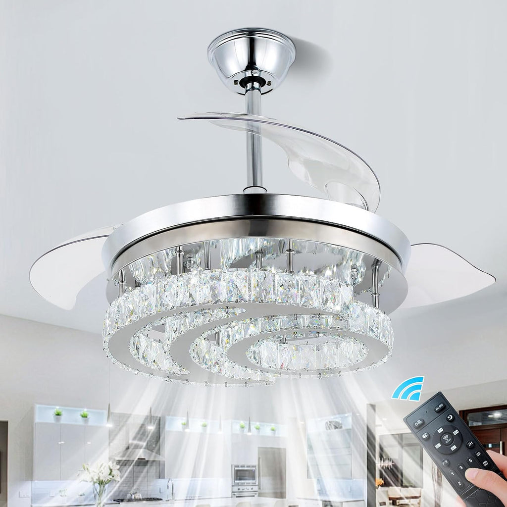 FRIXCHUR 42' Dimmable Fandelier Led Crystal Chandelier Ceiling Fans with Lights and Remote Moon Shape Retractable Chandelier Ceiling Fan for Bedroom Living Room Dining Room 30W*2