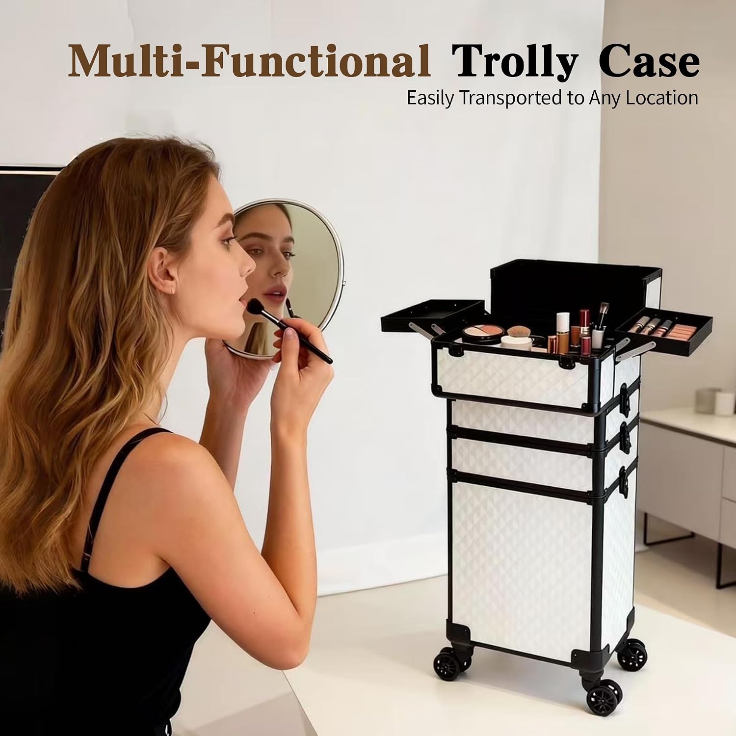 5 in 1 Rolling Makeup Train Case on Wheels Large Cosmetic Organizer Travel Cart for Women Beauty Salon Barber Hairstylist White