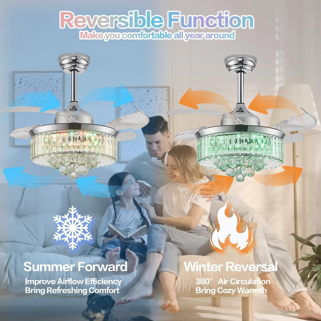 42' RGB Bluetooth Fandelier Ceiling Fan,Crystal LED Chandelier, Retractable Blades 6-Speed Music Player Remote APP Control Silver