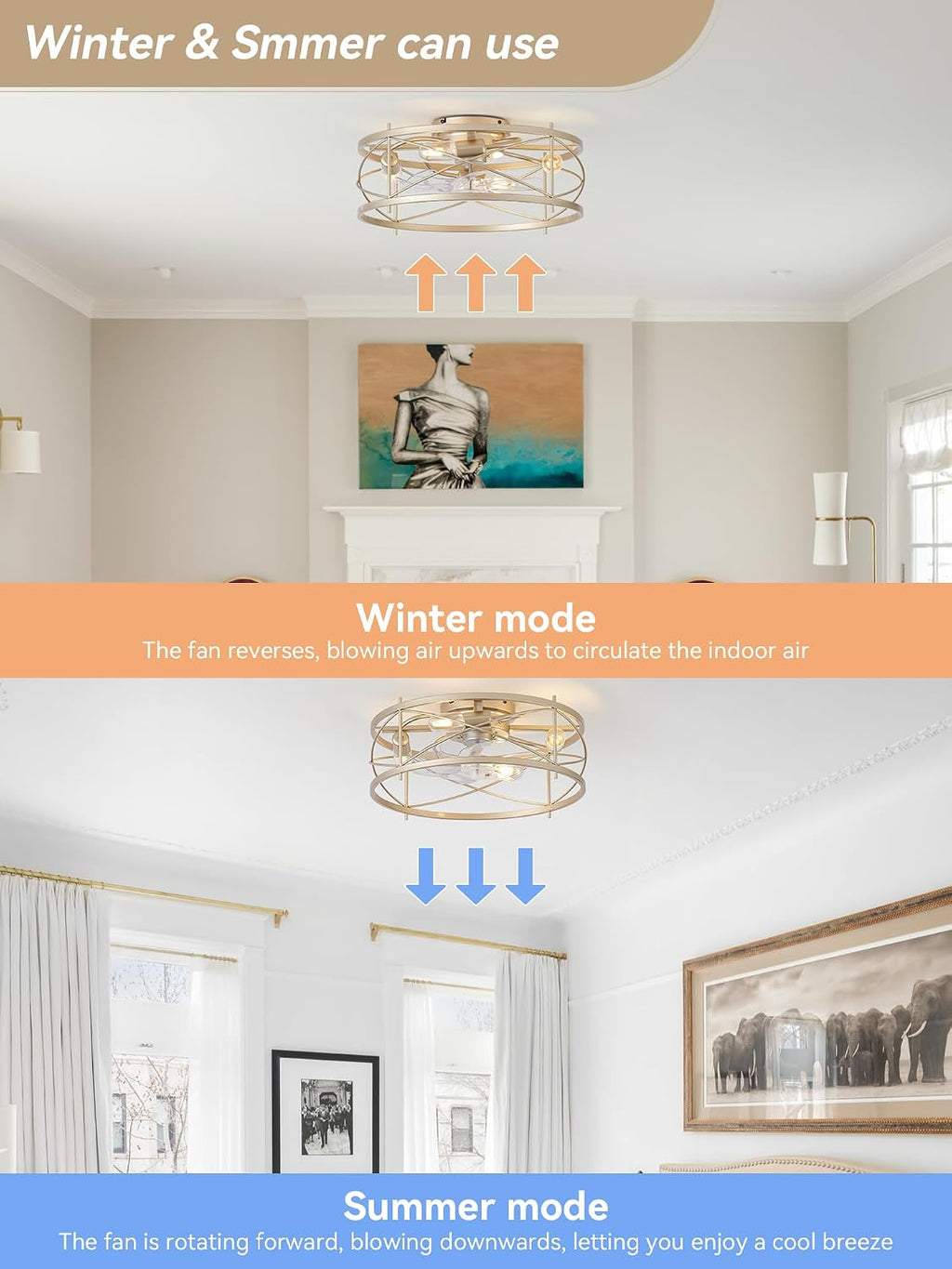 20' Gold Flush Mount Ceiling Fans with Lights, Gold Caged Ceiling Fans with Light and Remote, Bladeless Ceiling Fan with 6 Speeds for Bedroom, Living Room, Nursery