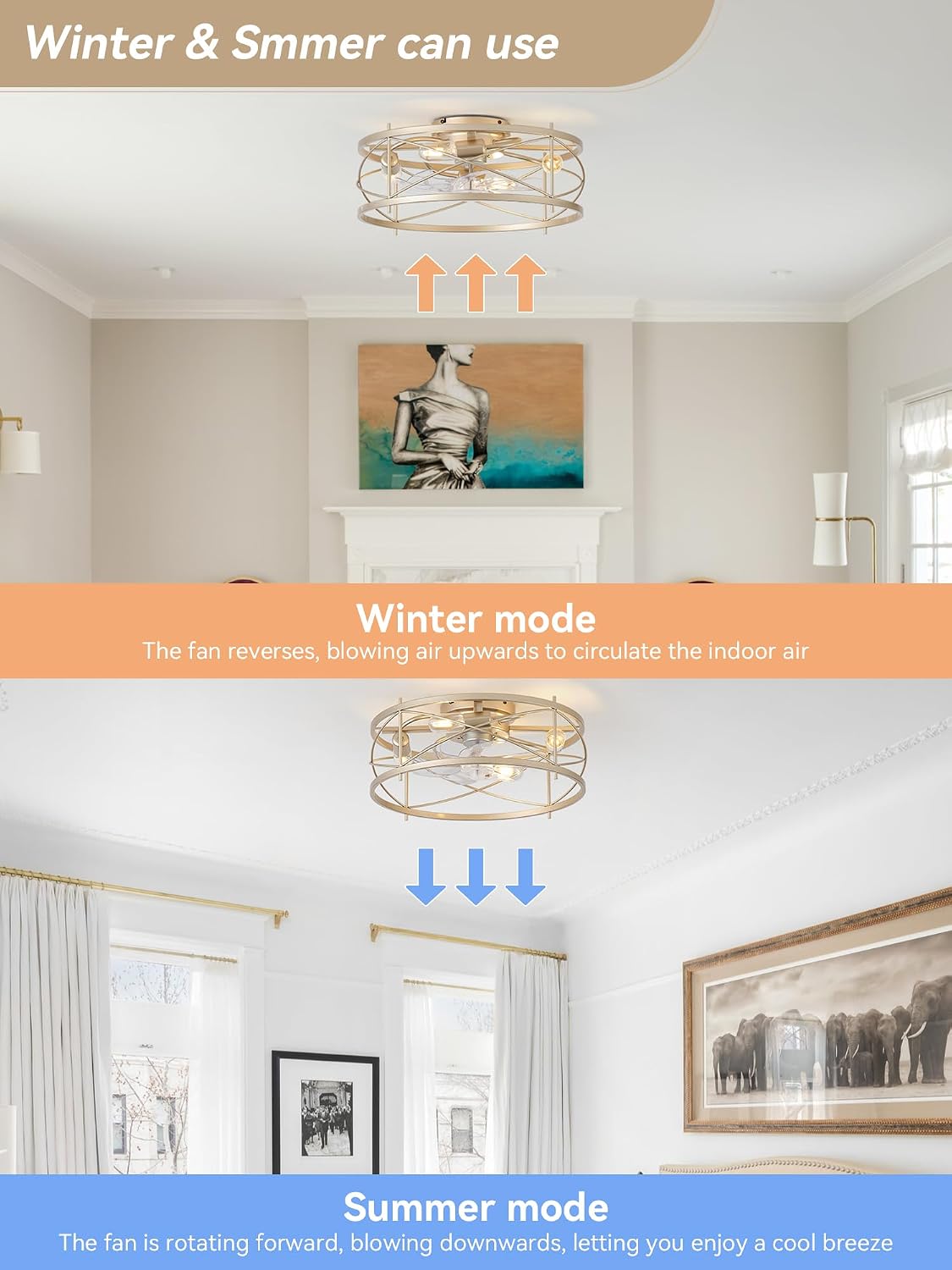 20' Gold Flush Mount Ceiling Fans with Lights, Gold Caged Ceiling Fans with Light and Remote, Bladeless Ceiling Fan with 6 Speeds for Bedroom, Living Room, Nursery