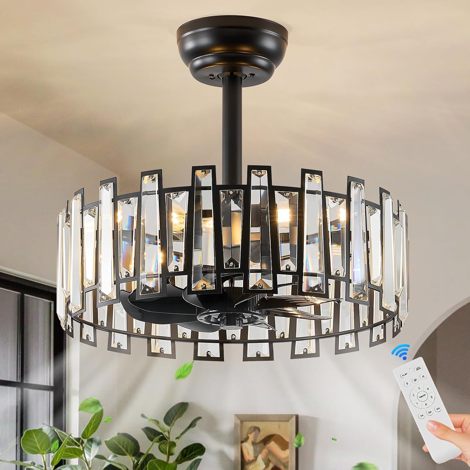 Crystal Caged Ceiling Fan Light with Remote Control Modern Black Crystal Ceiling Light with Fan Reversible 18in Fandelier for Bedroom Kitchen Dining Room Living Room