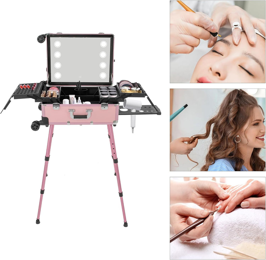 Rolling Makeup Train Case with Portable Makeup Vanity, Professional Protable Aluminum Alloy Trolley Salon Station with 3 Light Color for Women and Girls