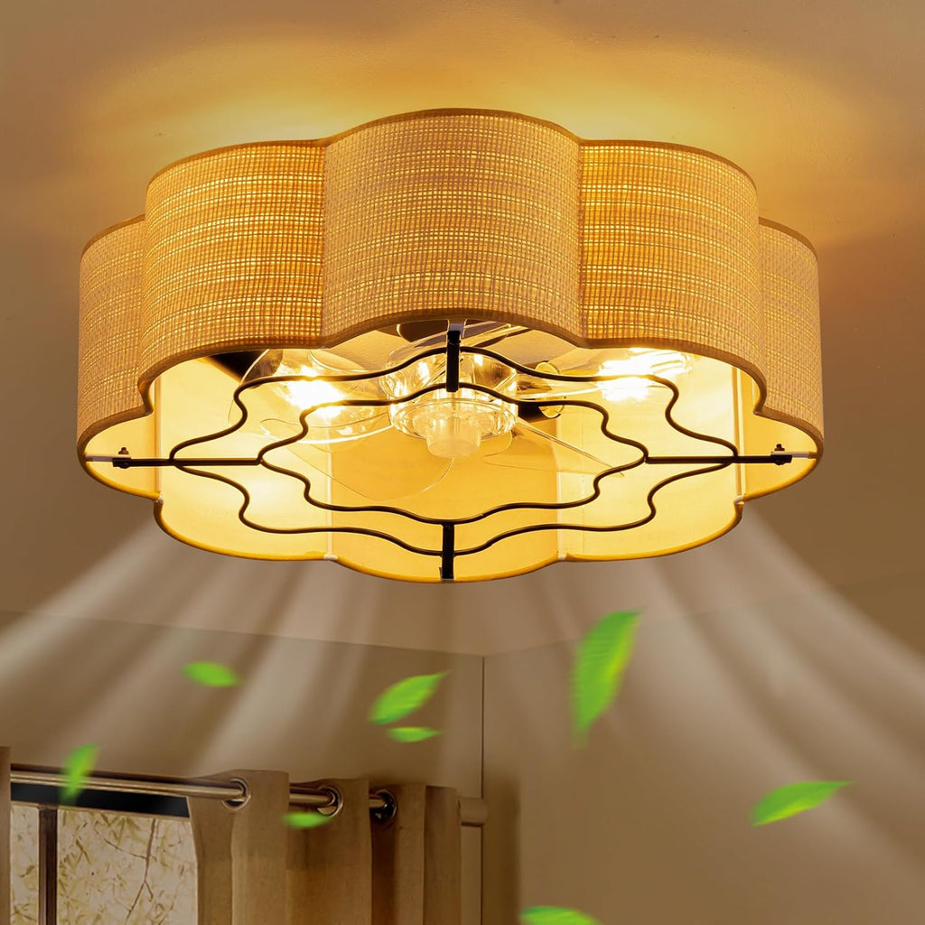 Boho Caged Ceiling Fans with Lights Flush Mount, Rattan Fandelier Chandelier Ceiling Fan with Light with Remote and 6-Speed Motor for Bedroom, Nursery, Living Room
