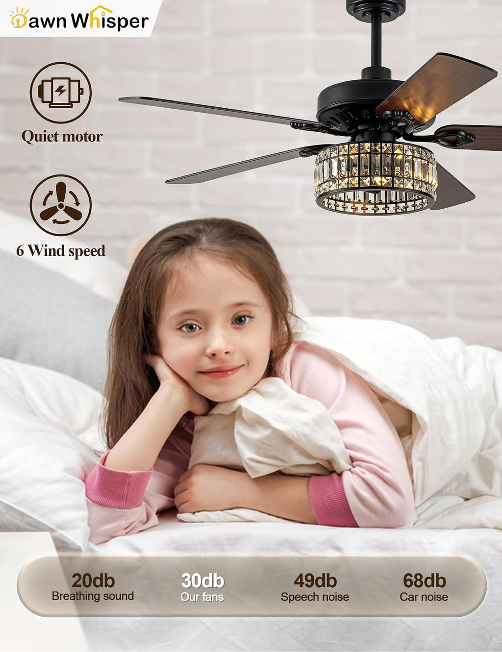 Dawn Whisper 52 Inch Black Crystal Chandelier Ceiling Fans with Lights Modern Farmhouse Vintage Ceiling Fans for Living Room Bedroom Quiet Reversible DC Motor 6 Speeds 3*E26 Light Bulbs Base