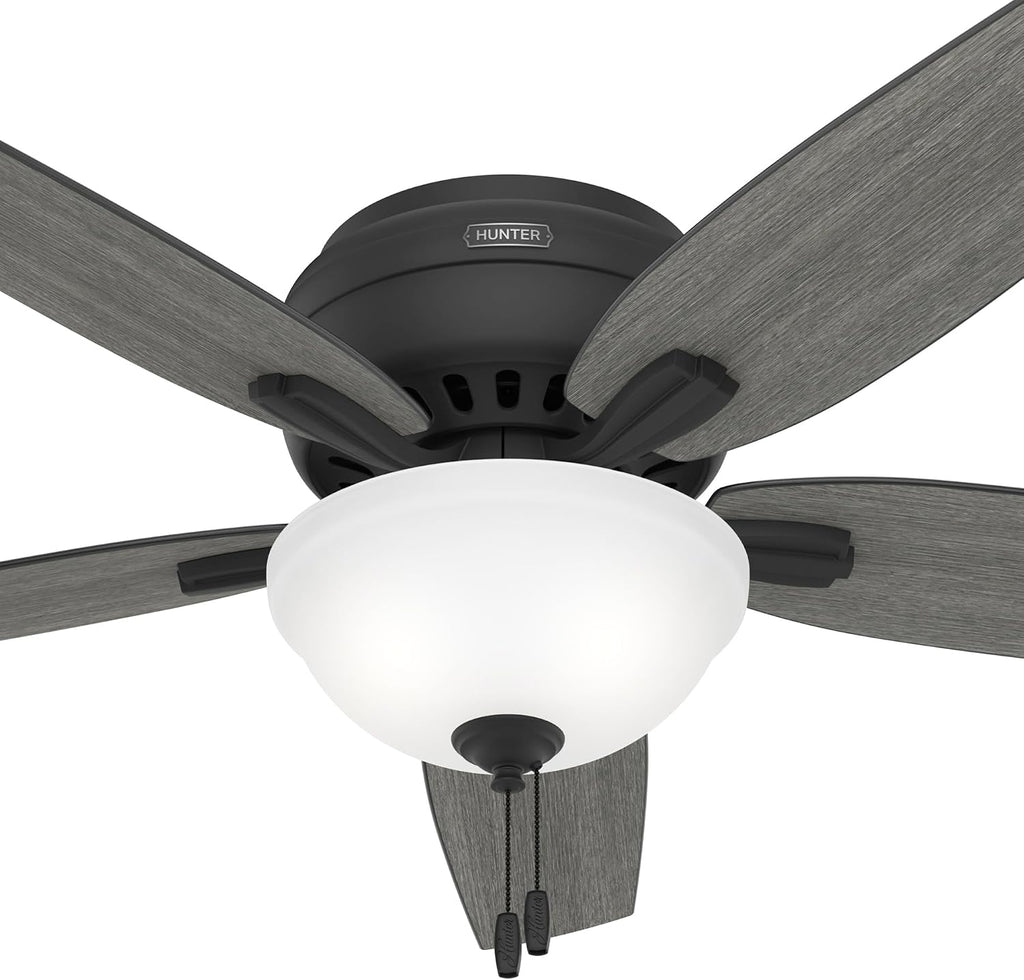 Hunter 52 inch Indoor Ceiling Fan with LED Light - Black Ceiling Fan with Pull Chain, For Bedroom or Living Room, Low Profile Flush Mount, 5 Blades, Includes Bulbs - Newsome 52396, Matte Black
