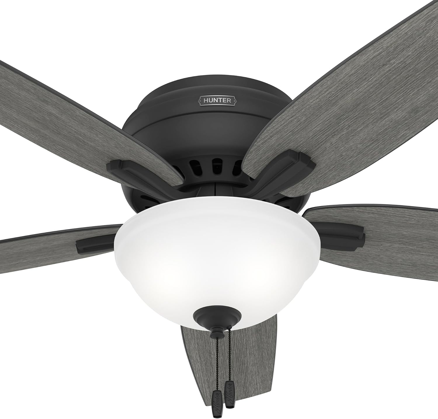 Hunter 52 inch Indoor Ceiling Fan with LED Light - Black Ceiling Fan with Pull Chain, For Bedroom or Living Room, Low Profile Flush Mount, 5 Blades, Includes Bulbs - Newsome 52396, Matte Black