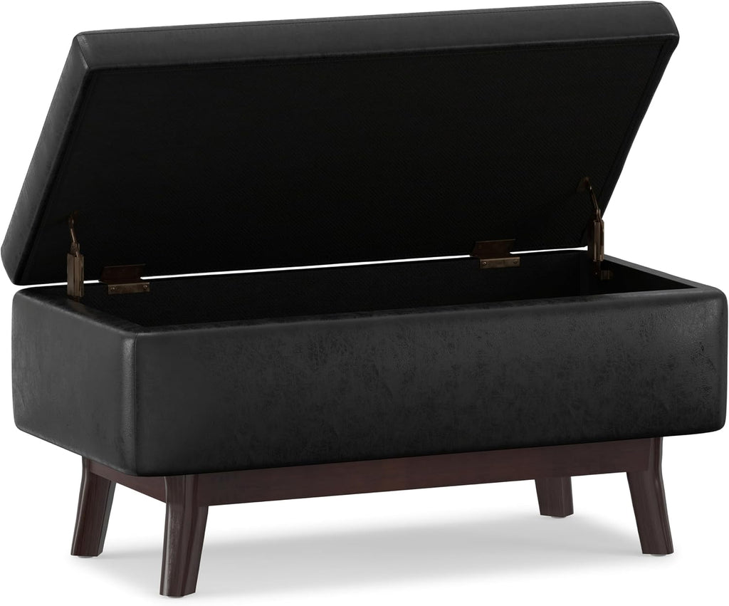 SIMPLIHOME Owen Small Rectangular Storage Ottoman - 36 inch Wide Upholstered Vegan Leather Lift-Top Ottoman in Distressed Black, Mid-Century Modern Ottoman for Living Room with Tufted Detail