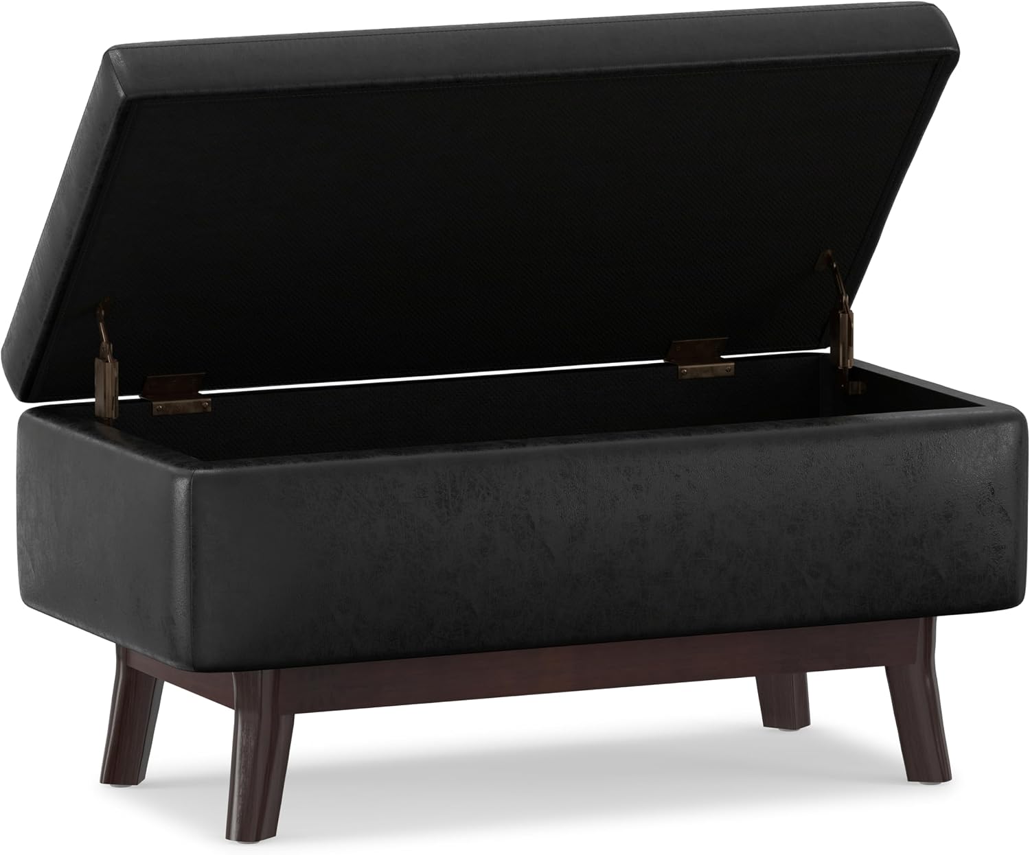 SIMPLIHOME Owen Small Rectangular Storage Ottoman - 36 inch Wide Upholstered Vegan Leather Lift-Top Ottoman in Distressed Black, Mid-Century Modern Ottoman for Living Room with Tufted Detail