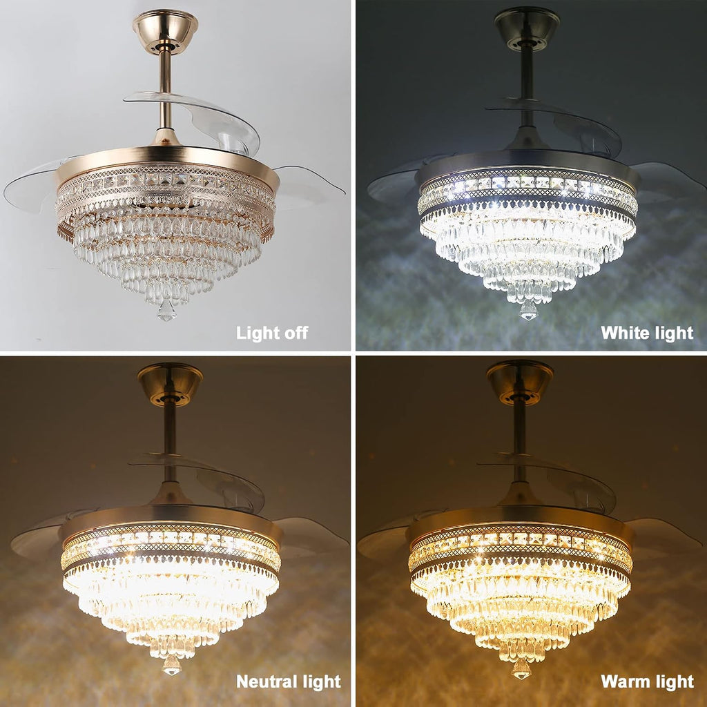 42' Gold Dimmable LED Fandelier with Light Modern LED Crystal Ceiling Fan with Light Invisible Fandeliers 3 in 1 Color with Memory Function