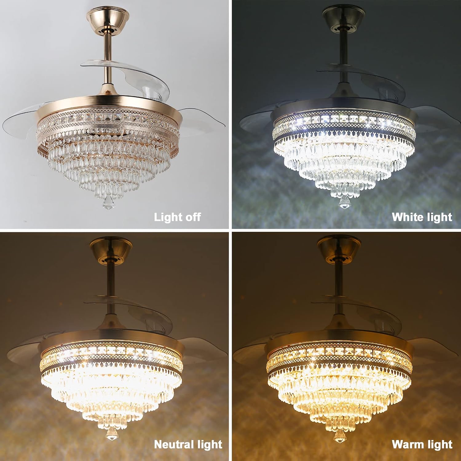 42' Gold Dimmable LED Fandelier with Light Modern LED Crystal Ceiling Fan with Light Invisible Fandeliers 3 in 1 Color with Memory Function