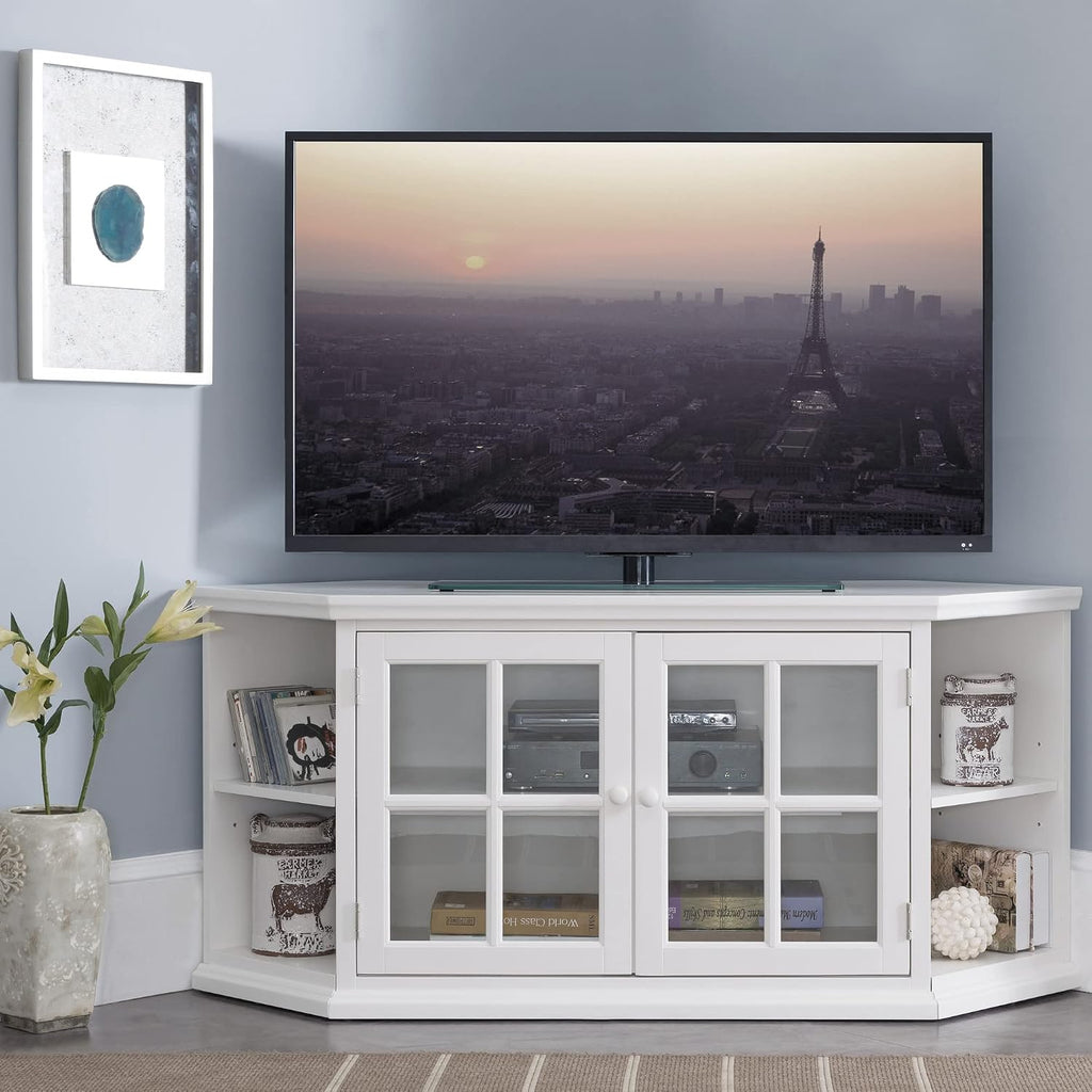 Leick Home Corner TV Stand, 60 in, Beveled Glass Doors, Solid Wood, Adjustable Shelves, Easy Assembly, White, 56 in L x 20 in W x 25 in H, Item 85387