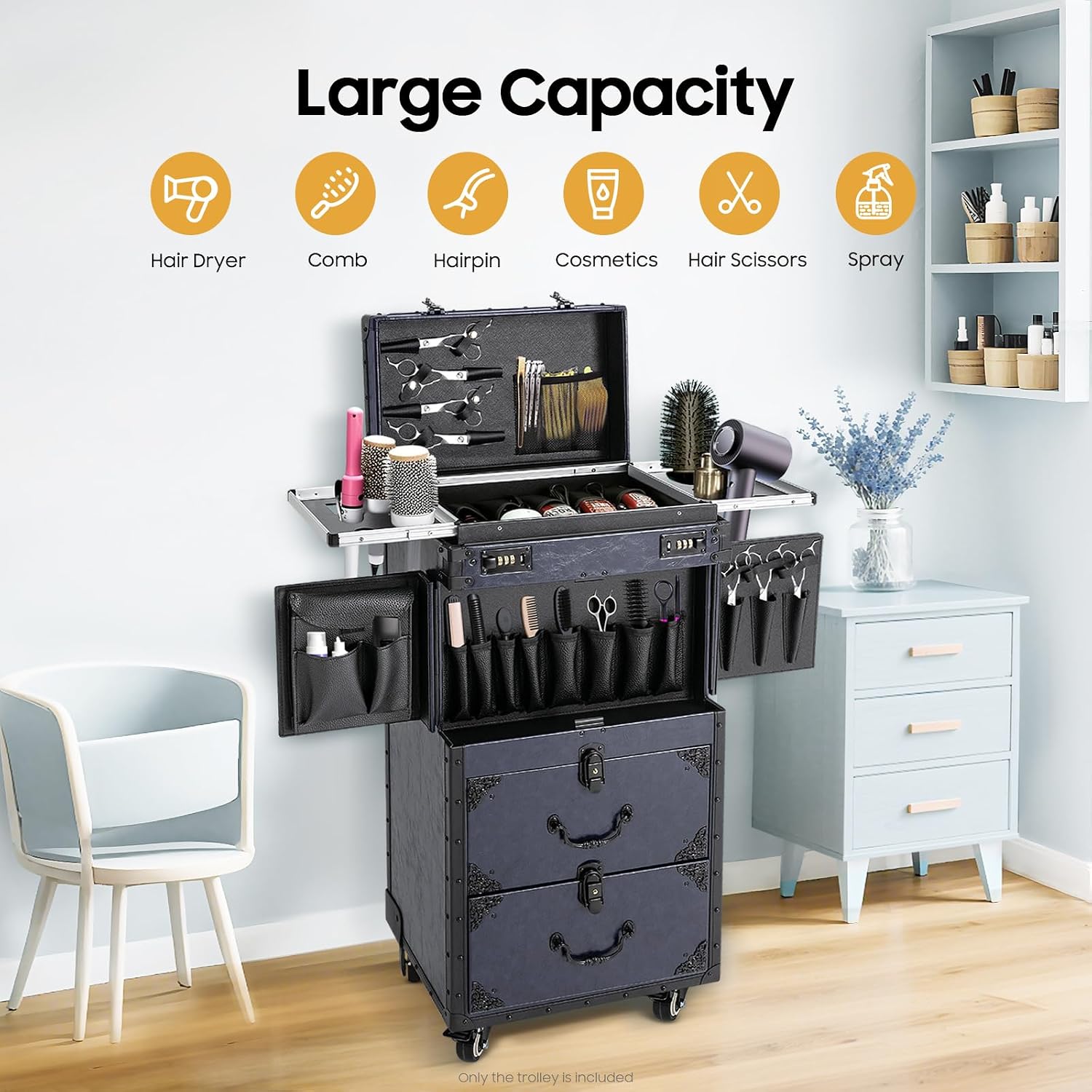 Beauty Salon Trolley Suitcase, Makeup Rolling Train Case, Professional Rolling Makeup Train Case, Hair Stylist Beauty Travel Organizer, Makeup Rolling Train Case Large Storage Cosmetic Trolley (Blue)